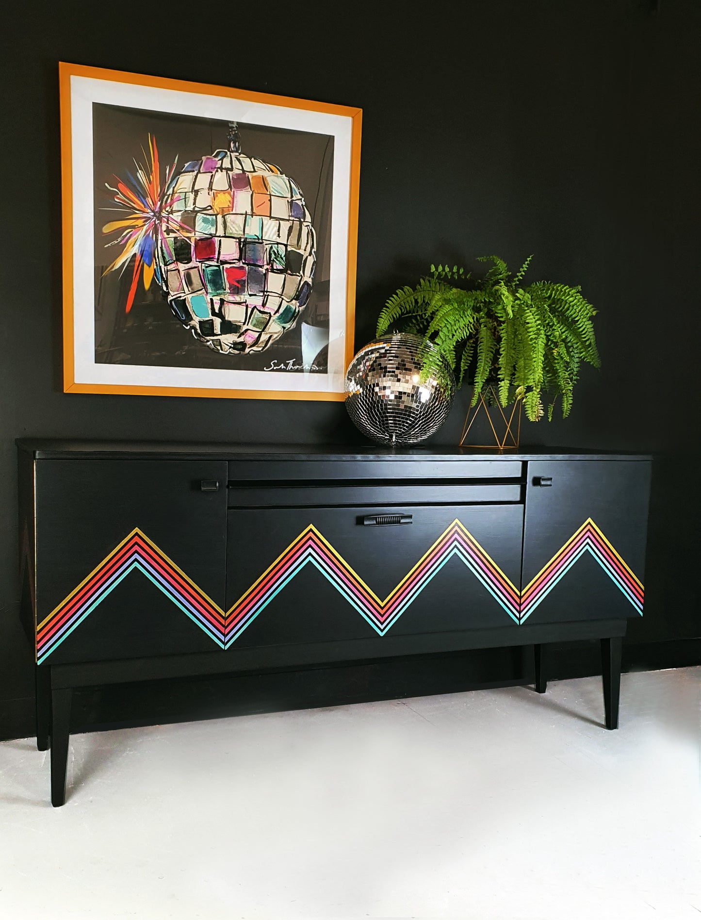 'Vibe' - Upcycled Mid Century cocktail Sideboard with geometric design & iridescent interior