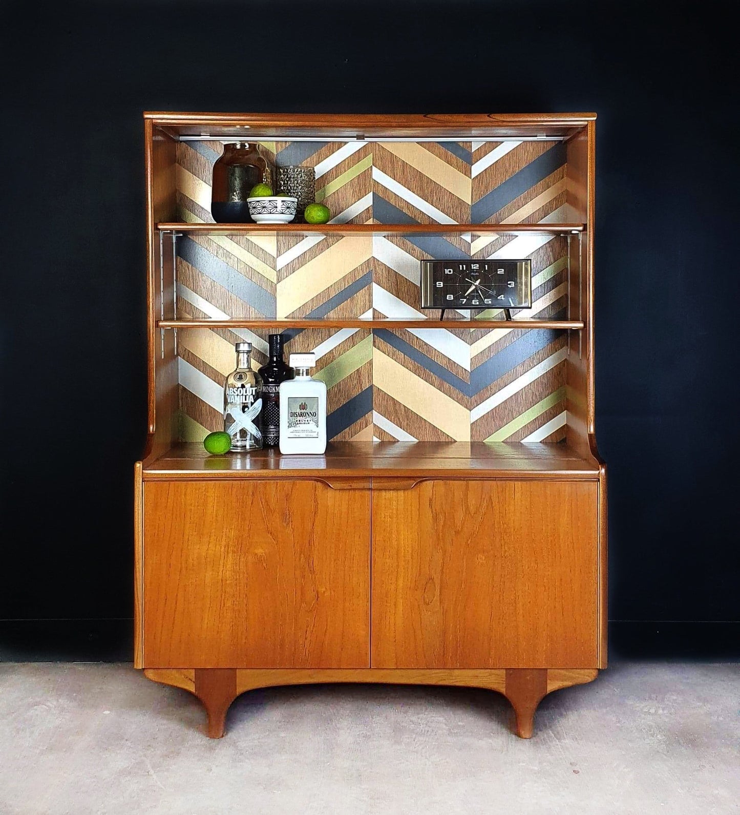 'Apex' - Teak Vintage Mid Century Drinks Cabinet / Unit with metallic geometric design