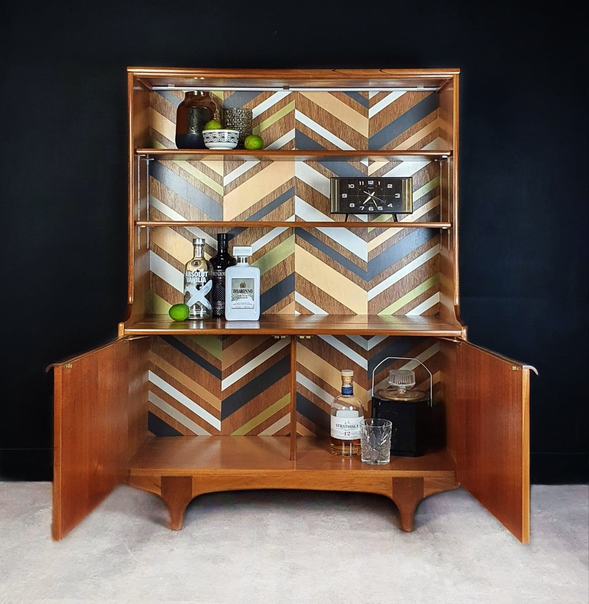 'Apex' - Teak Vintage Mid Century Drinks Cabinet / Unit with metallic geometric design