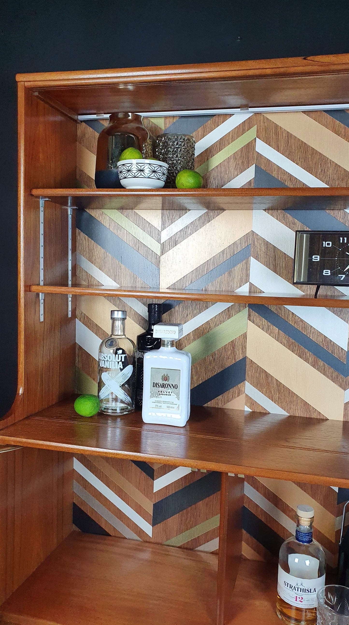 'Apex' - Teak Vintage Mid Century Drinks Cabinet / Unit with metallic geometric design