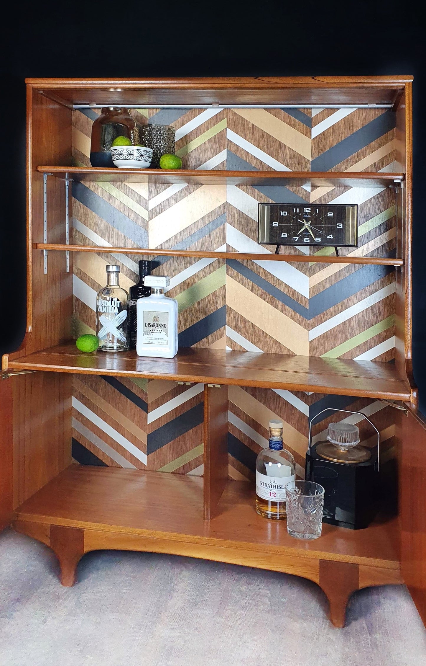 'Apex' - Teak Vintage Mid Century Drinks Cabinet / Unit with metallic geometric design