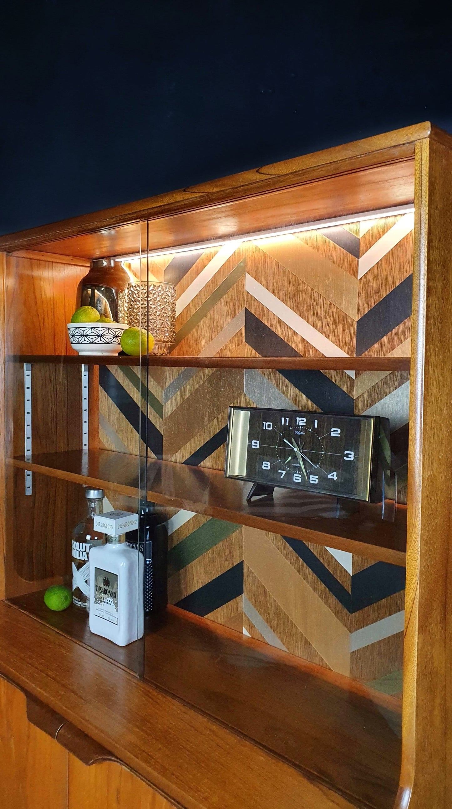 'Apex' - Teak Vintage Mid Century Drinks Cabinet / Unit with metallic geometric design