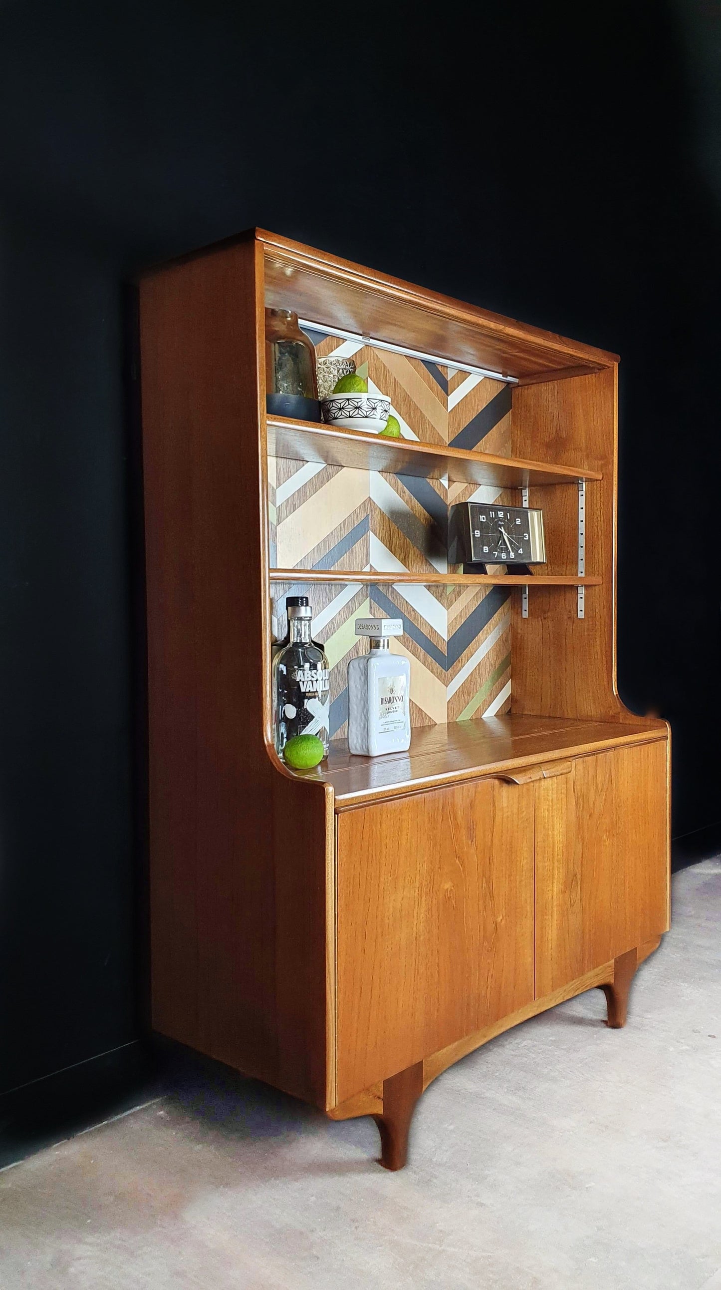 'Apex' - Teak Vintage Mid Century Drinks Cabinet / Unit with metallic geometric design