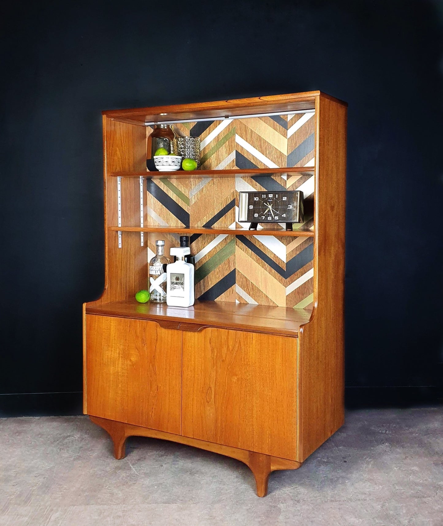 'Apex' - Teak Vintage Mid Century Drinks Cabinet / Unit with metallic geometric design
