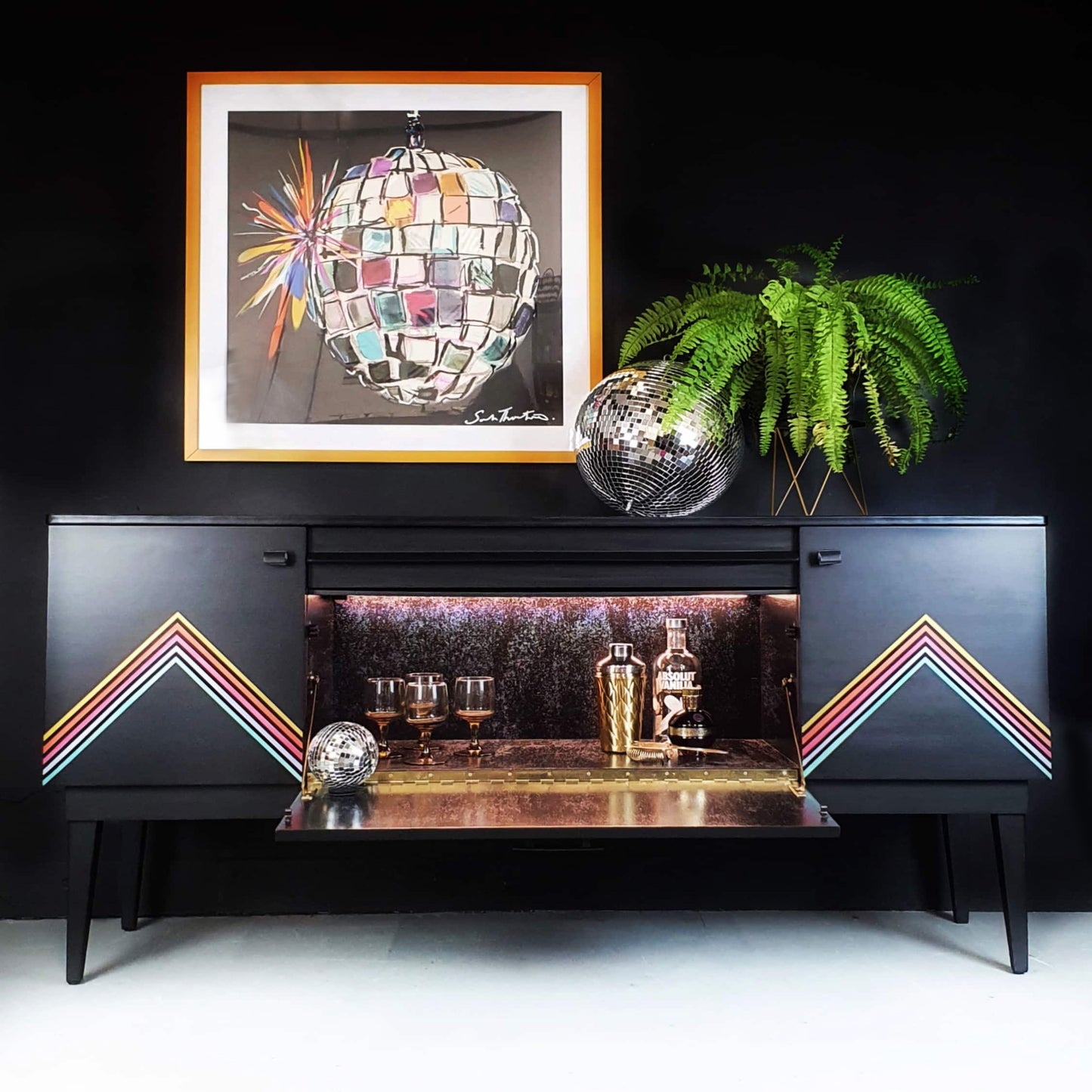 'Vibe' - Upcycled Mid Century cocktail Sideboard with geometric design & iridescent interior
