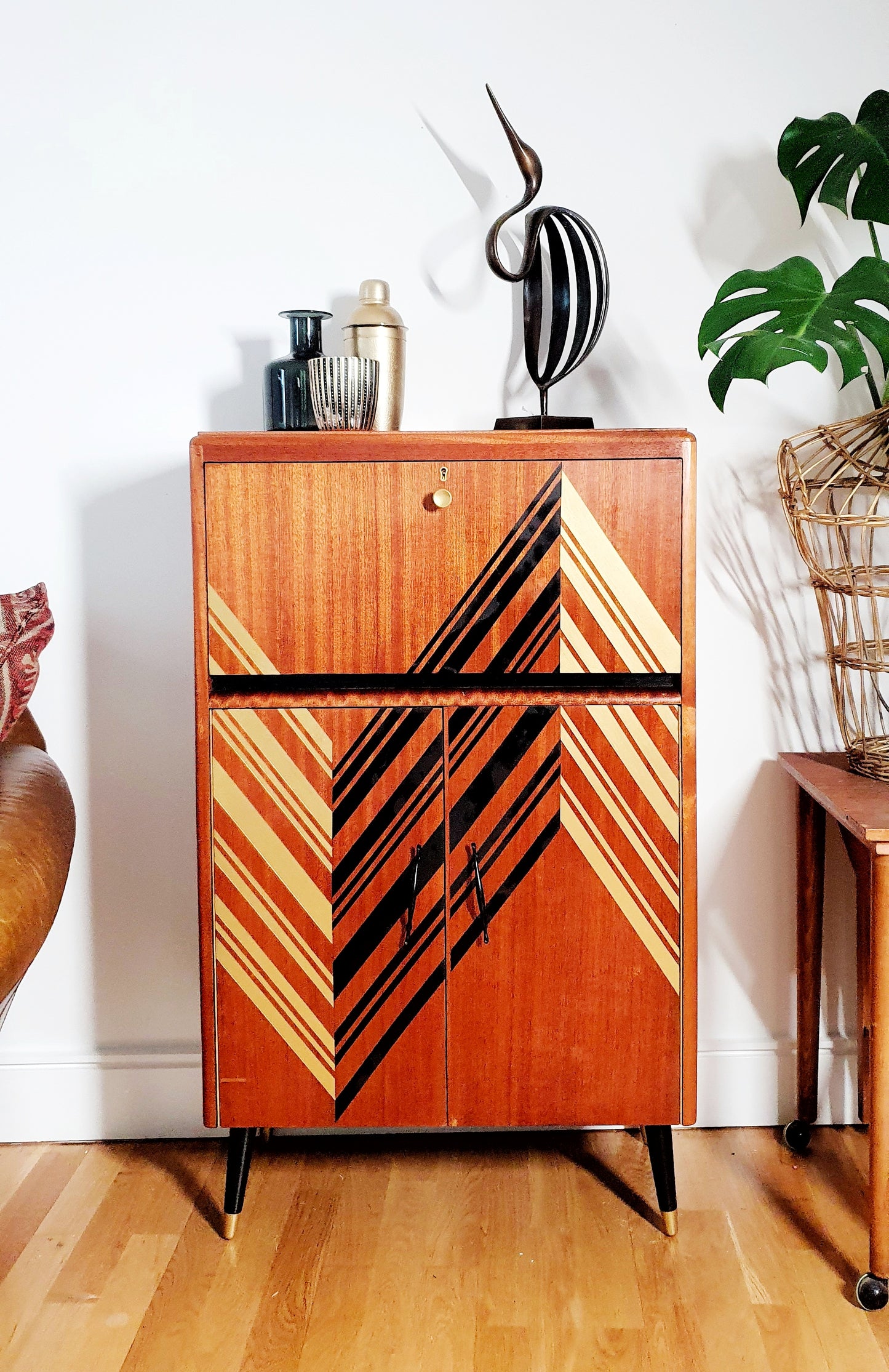 Vintage Mid Century Drinks Cabinet customised with striking Black & Gold geometric design