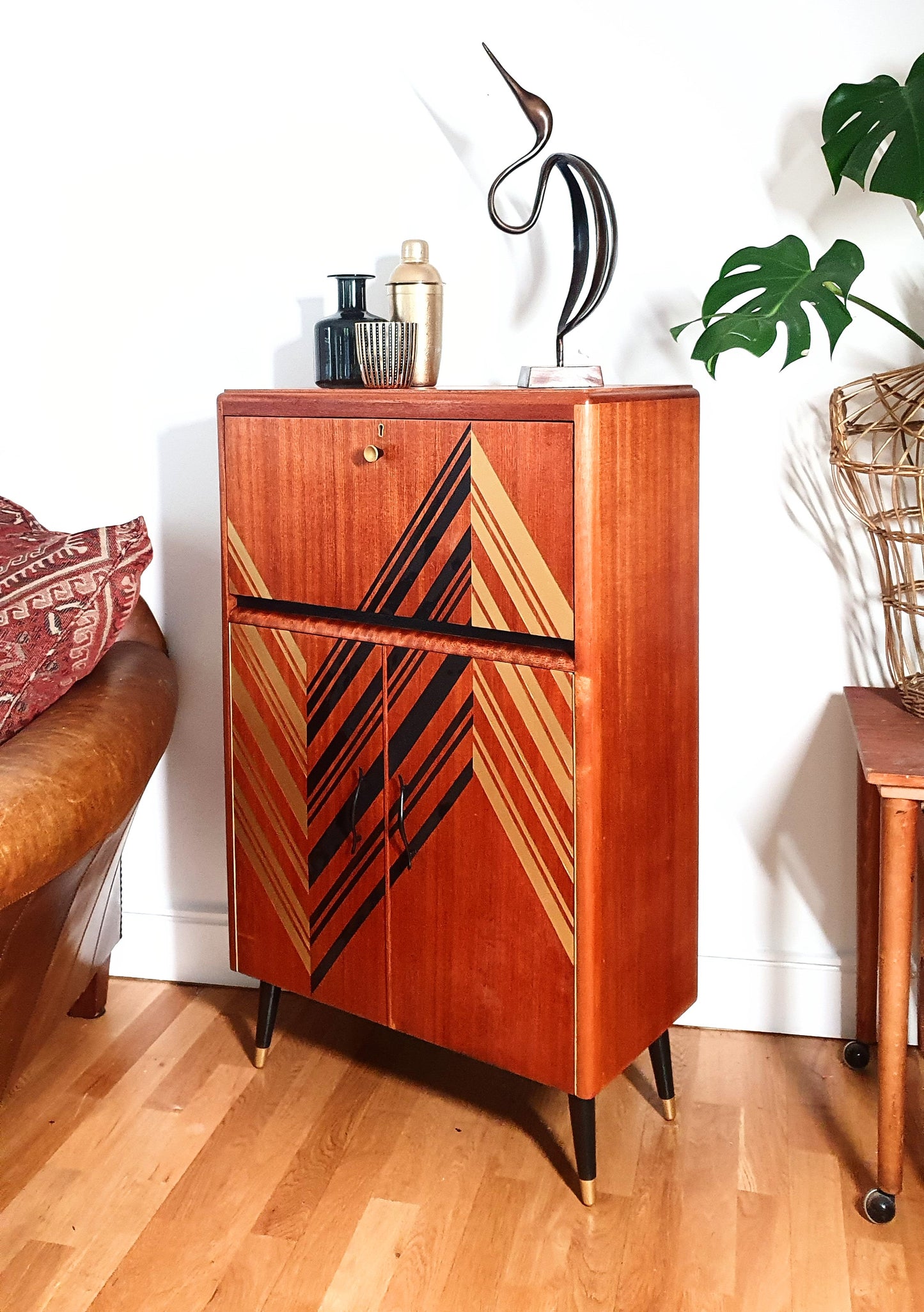 Vintage Mid Century Drinks Cabinet customised with striking Black & Gold geometric design