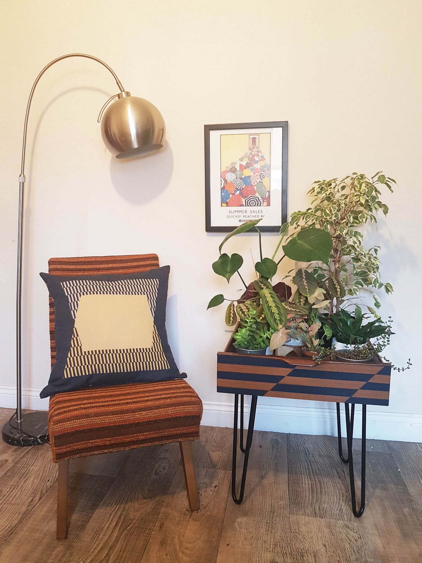 Teak Mid Century drawer side tables with Gold 3D cube effect design