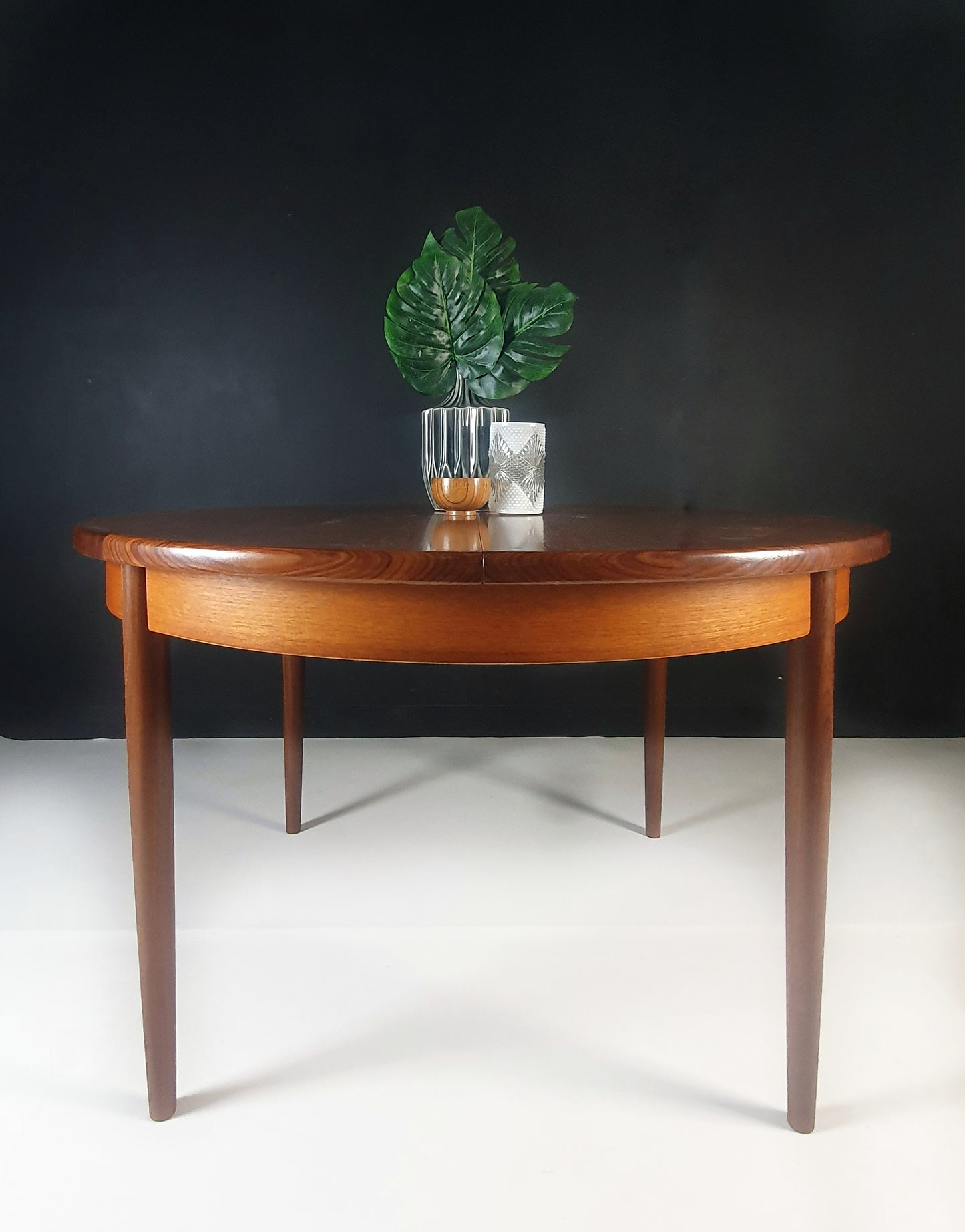 G Plan Mid Century Teak extendable Dining Table & Chairs with geometric design fabric