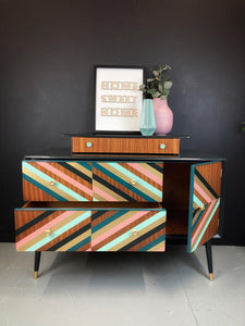 Green, Gold and Pink geometric design upcycled Vintage sideboard