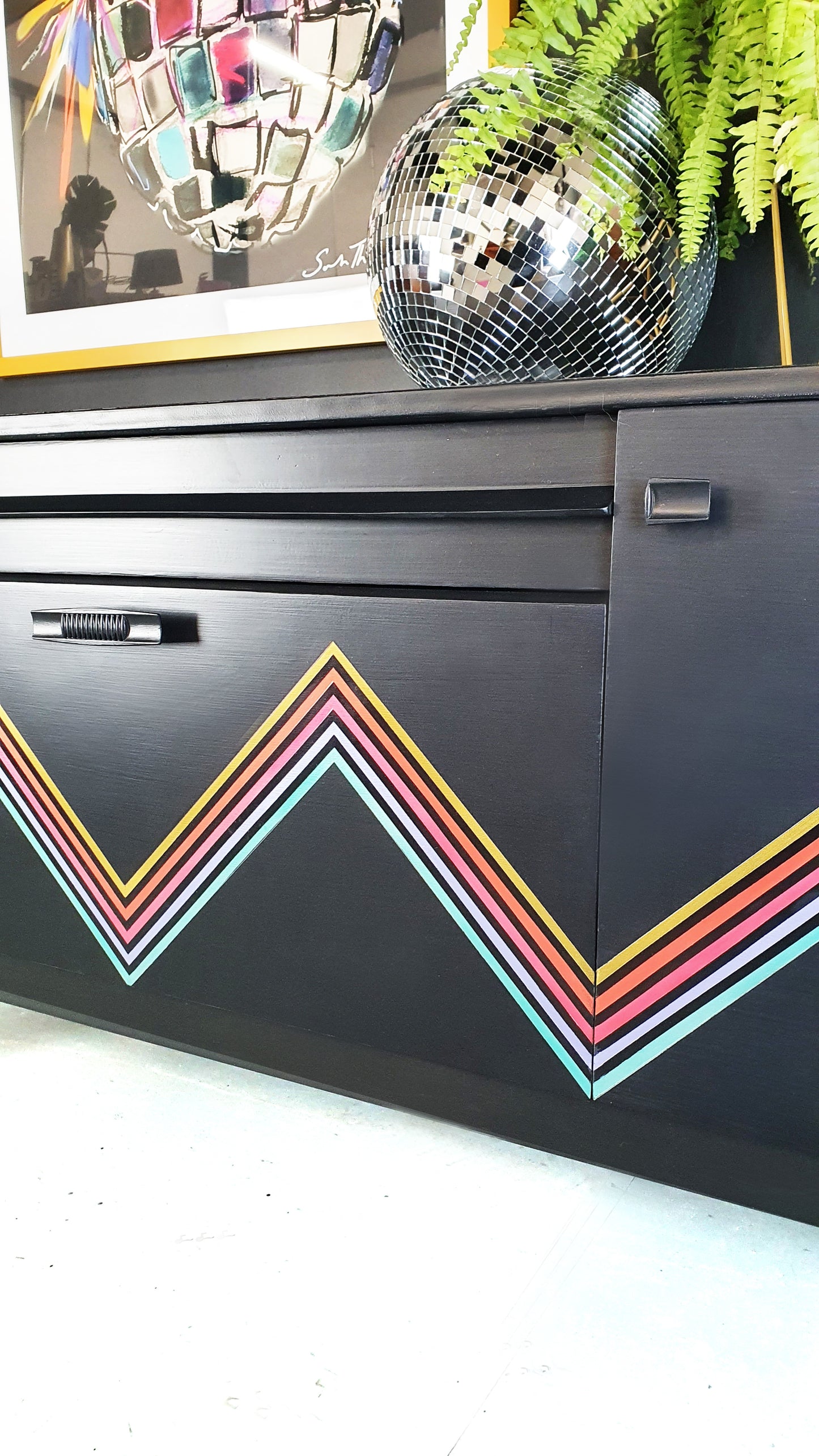 'Vibe' - Upcycled Mid Century cocktail Sideboard with geometric design & iridescent interior