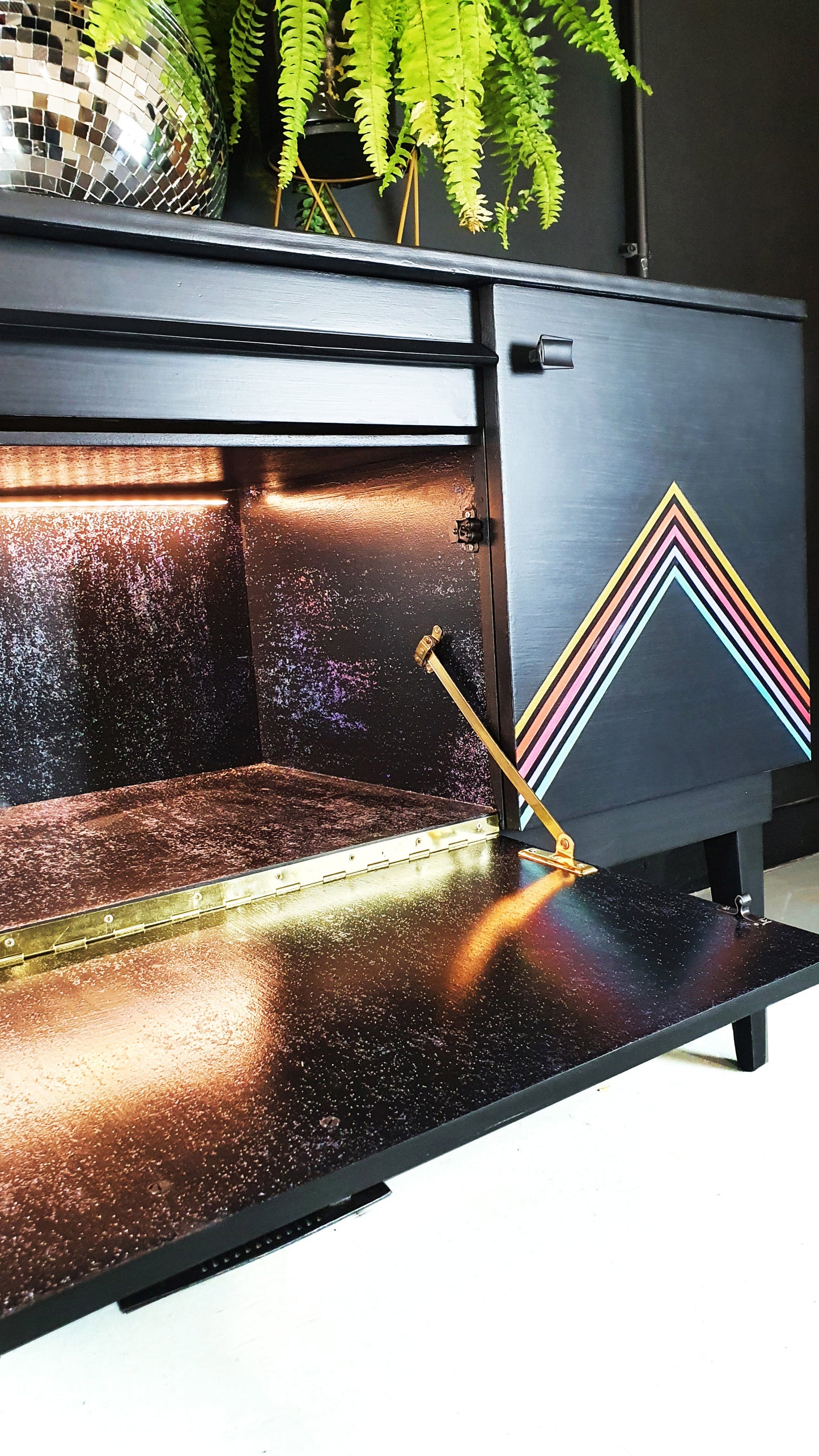 'Vibe' - Upcycled Mid Century cocktail Sideboard with geometric design & iridescent interior