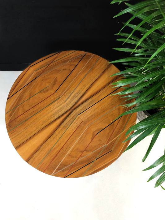 Vintage Oak circular coffee table customised with metallic geometric fine line design