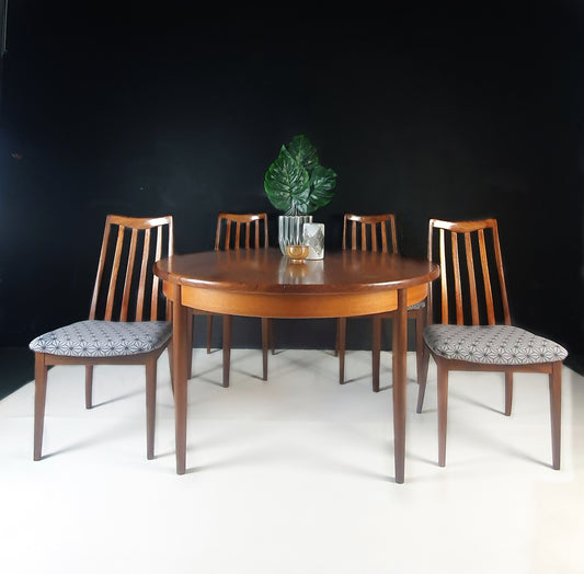 G Plan Mid Century Teak extendable Dining Table & Chairs with geometric design fabric