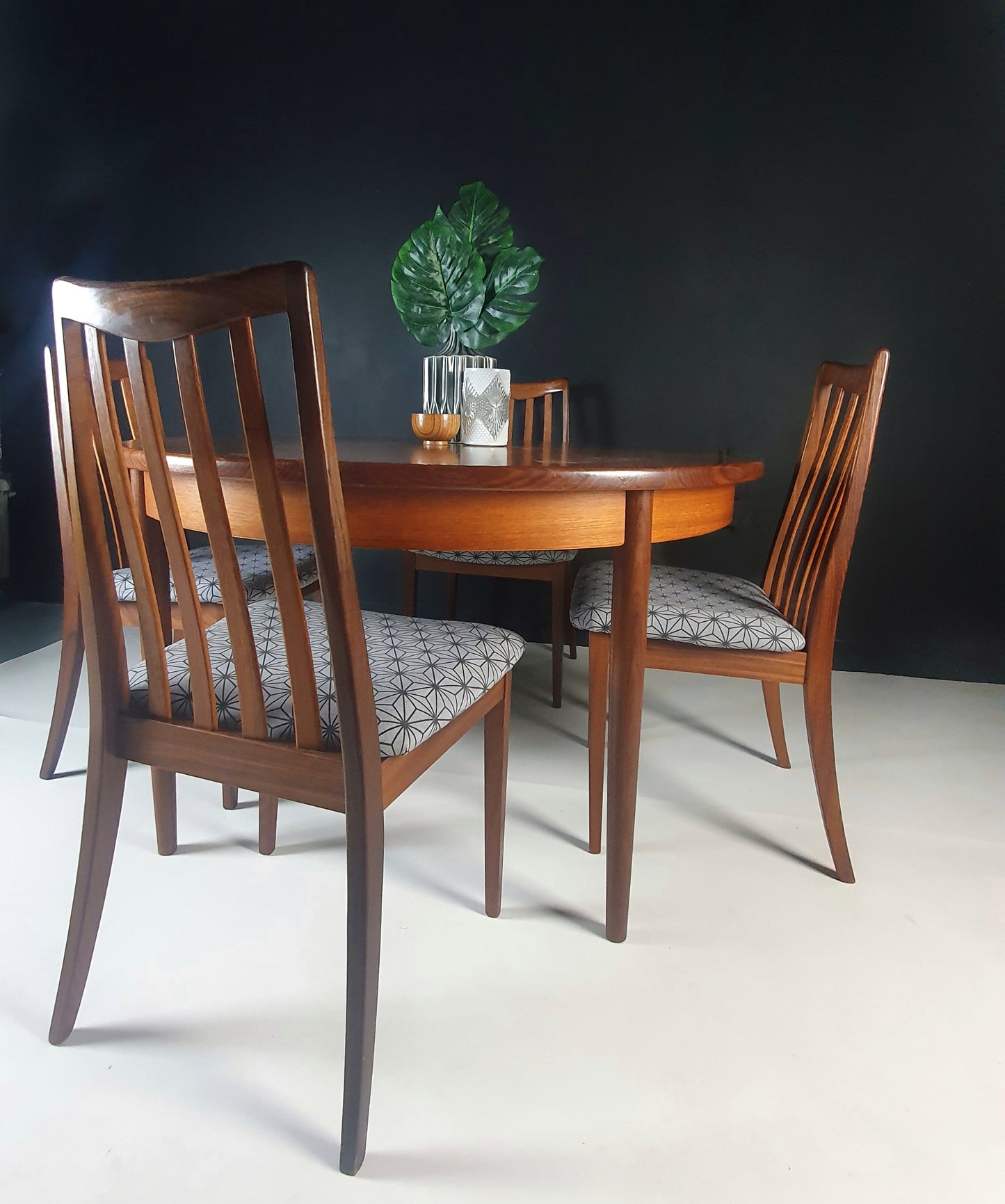 G Plan Mid Century Teak extendable Dining Table & Chairs with geometric design fabric