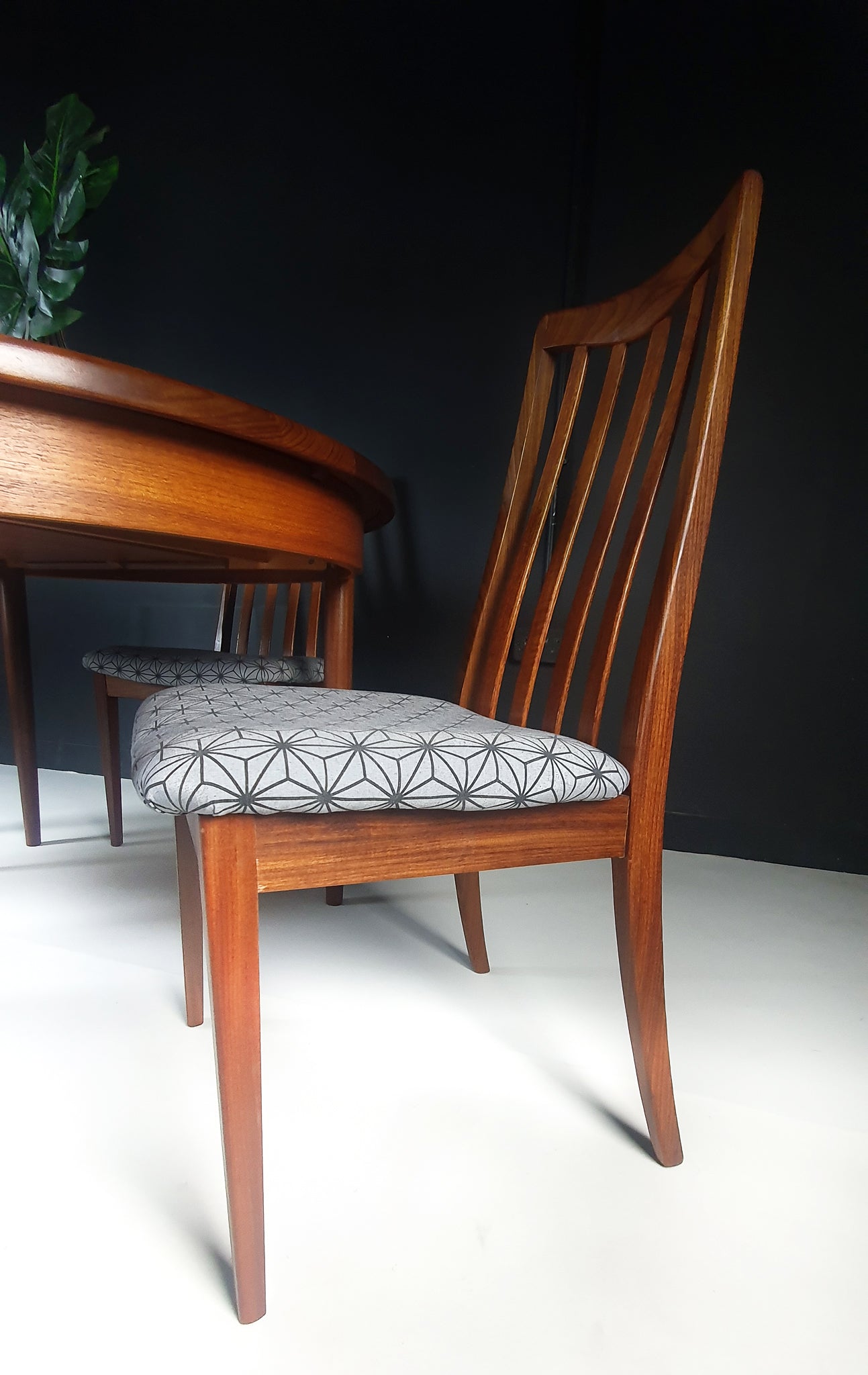 G Plan Mid Century Teak extendable Dining Table & Chairs with geometric design fabric