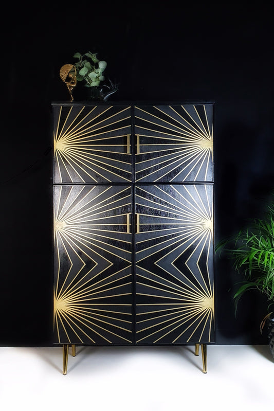 Cocktail / Drinks Cabinet / Home Bar with Black & Gold optical effect geometric design