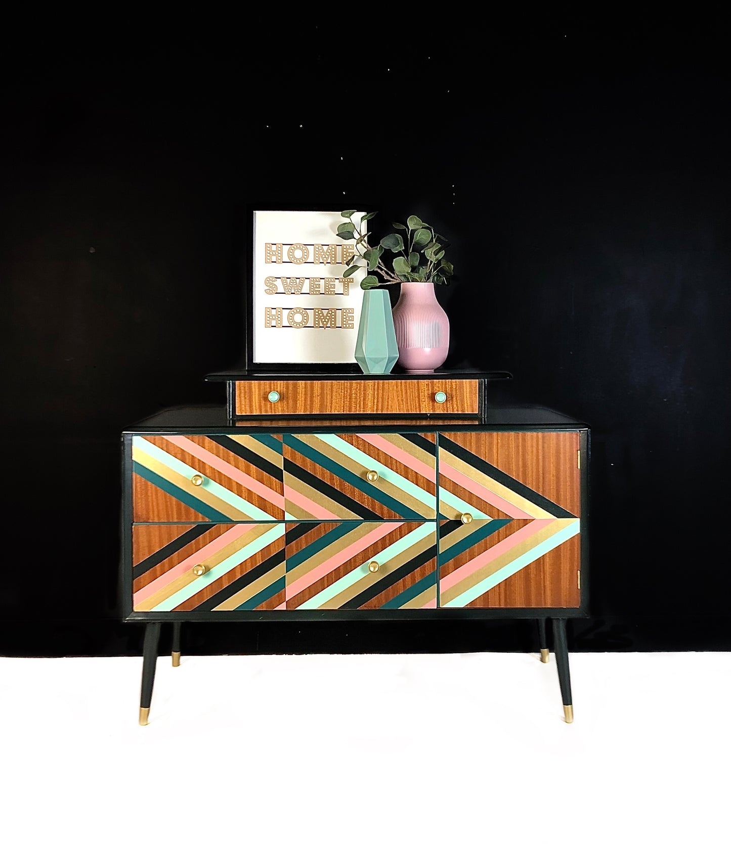 Green, Gold and Pink geometric design upcycled Vintage sideboard