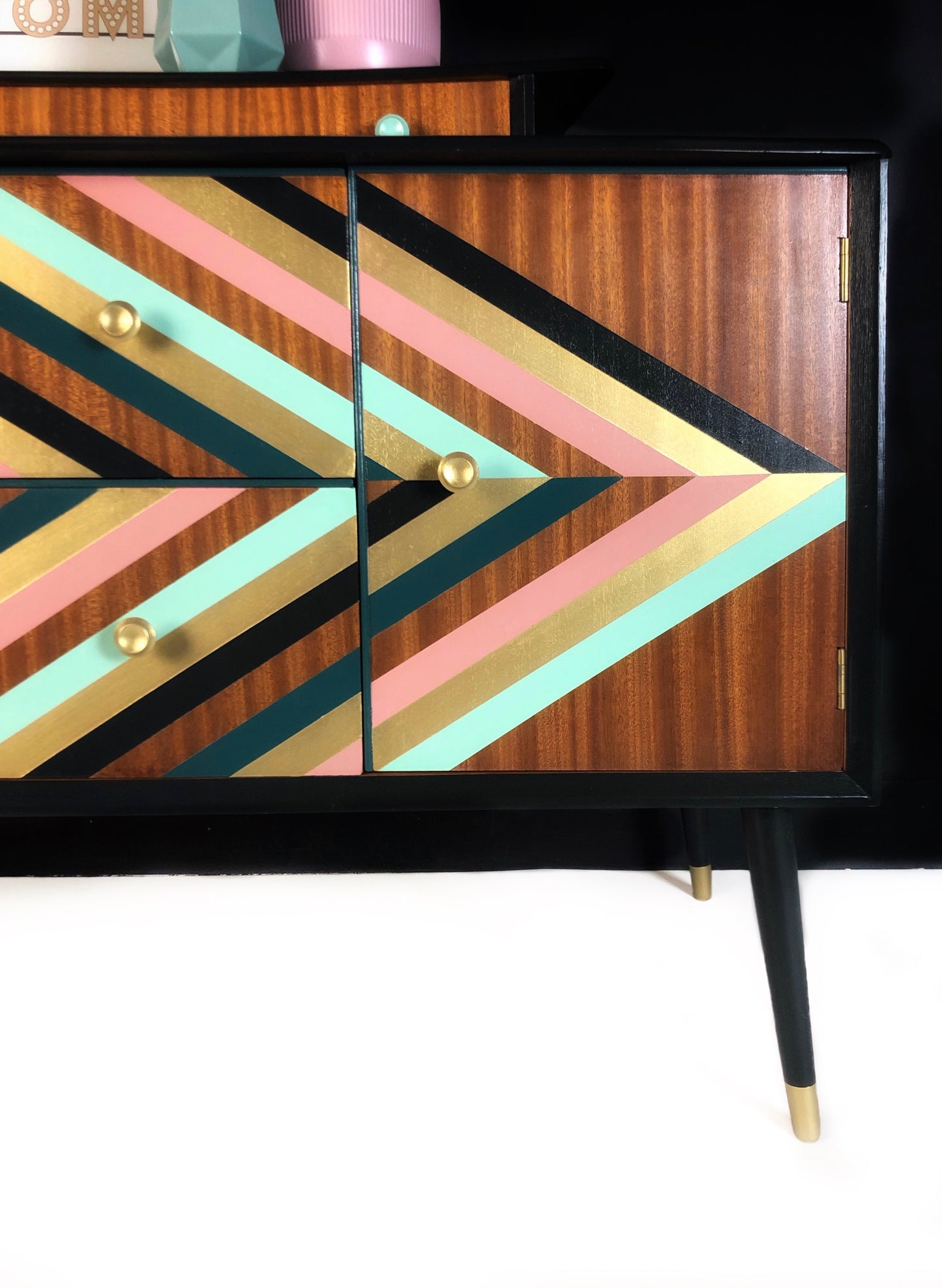 Green, Gold and Pink geometric design upcycled Vintage sideboard