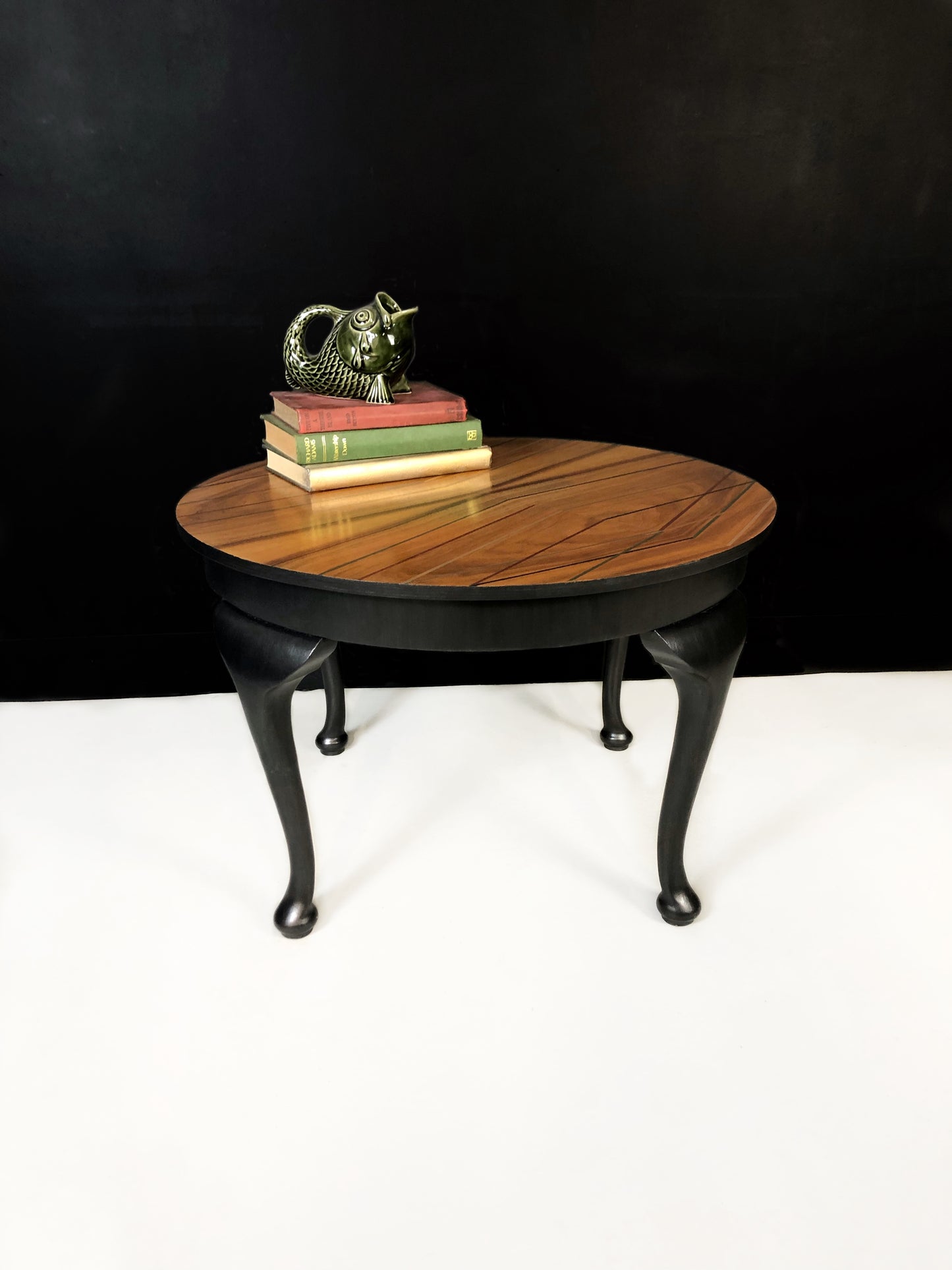 Vintage Oak circular coffee table customised with metallic geometric fine line design