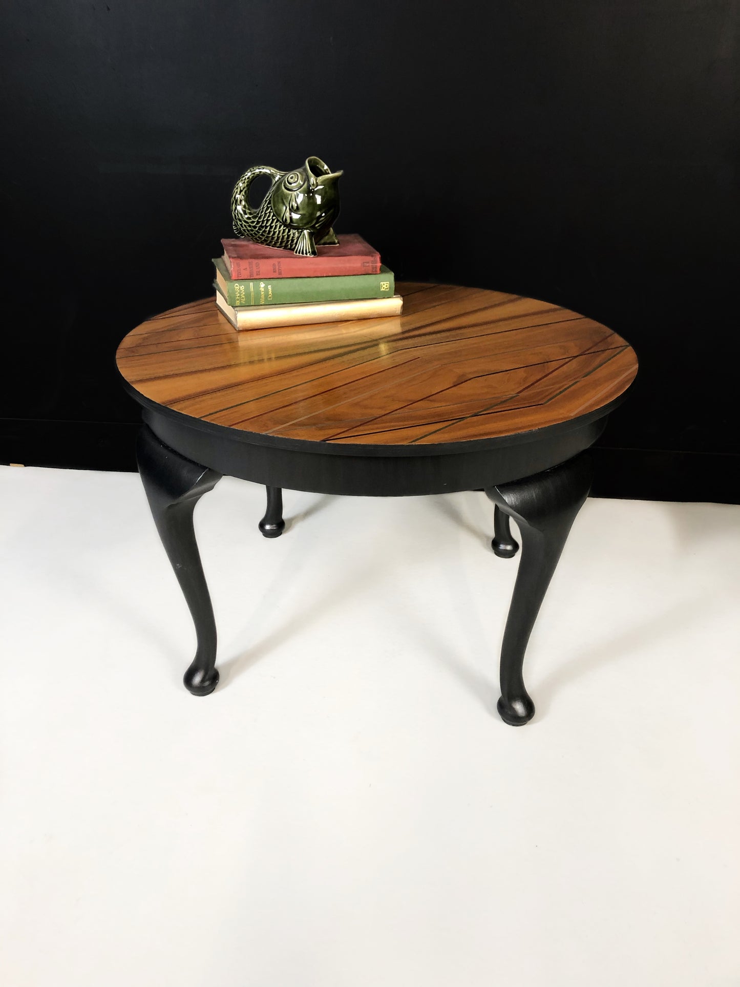 Vintage Oak circular coffee table customised with metallic geometric fine line design