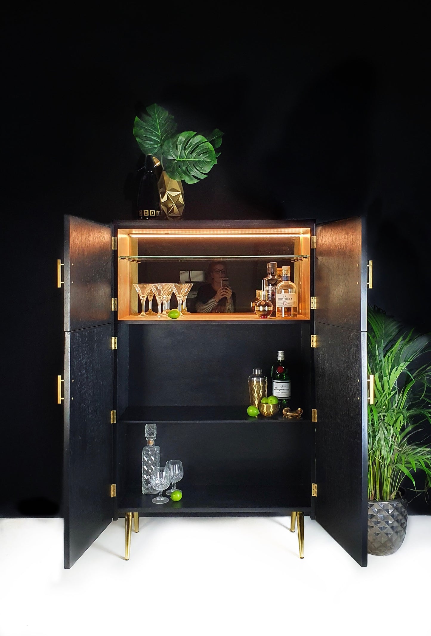 Cocktail / Drinks Cabinet / Home Bar with Black & Gold optical effect geometric design