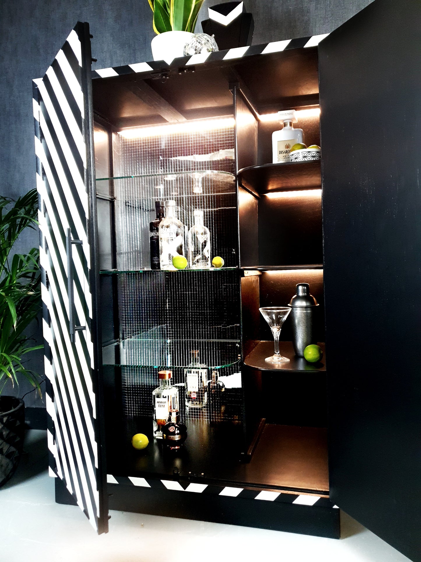 Upcycled vintage Drinks Cabinet with Black & White design and Mirror ball interior