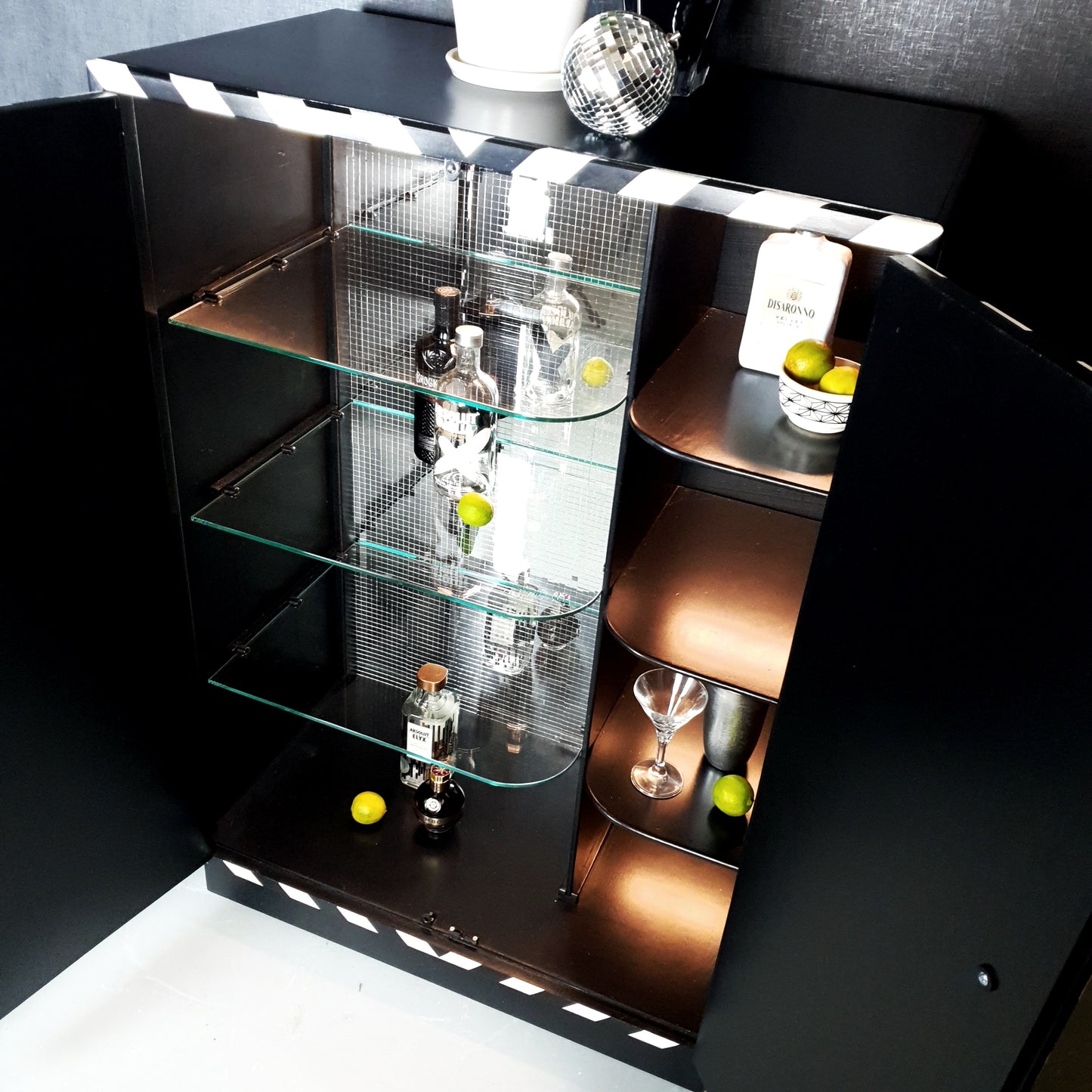 Upcycled vintage Drinks Cabinet with Black & White design and Mirror ball interior