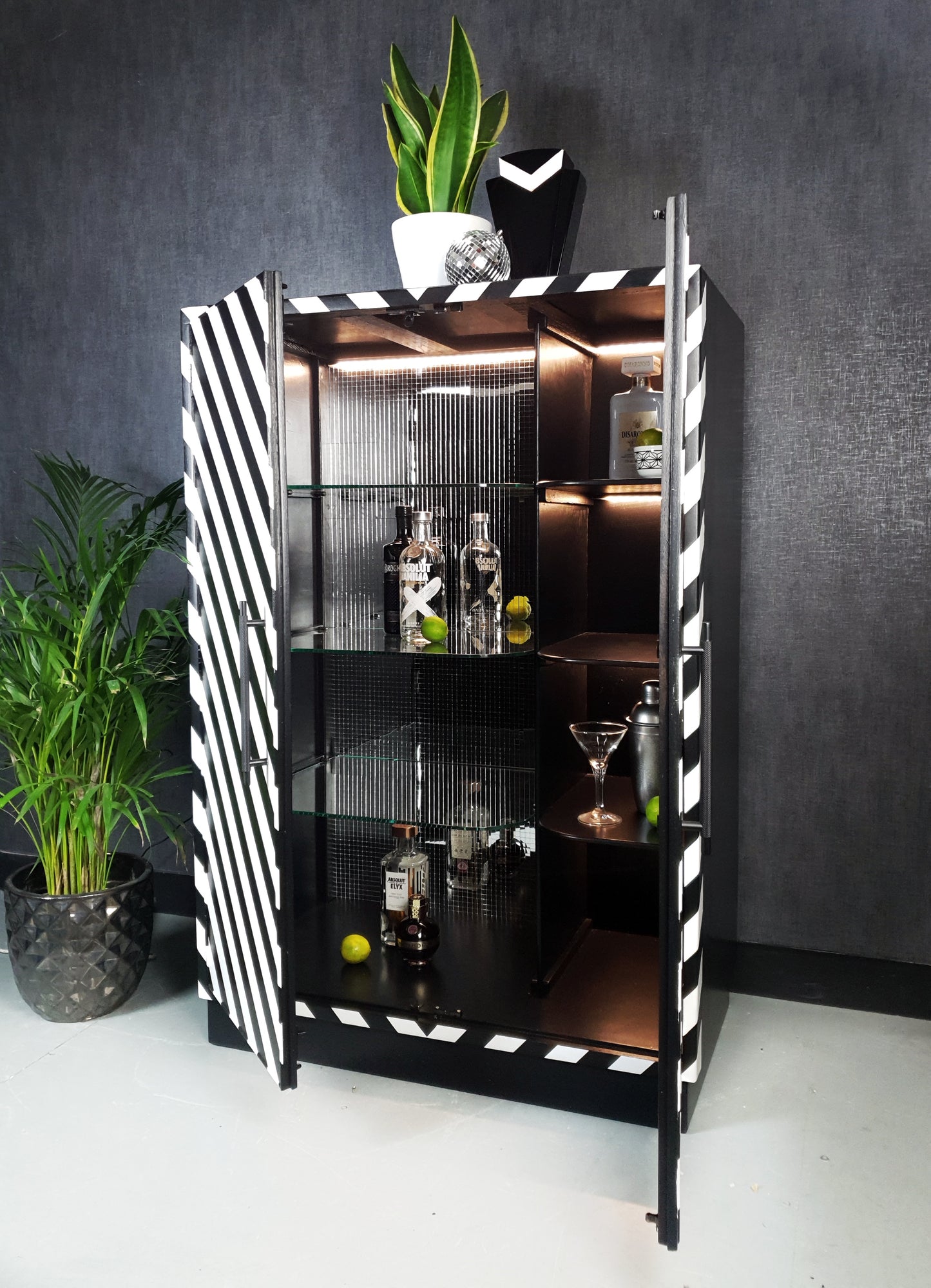 Upcycled vintage Drinks Cabinet with Black & White design and Mirror ball interior