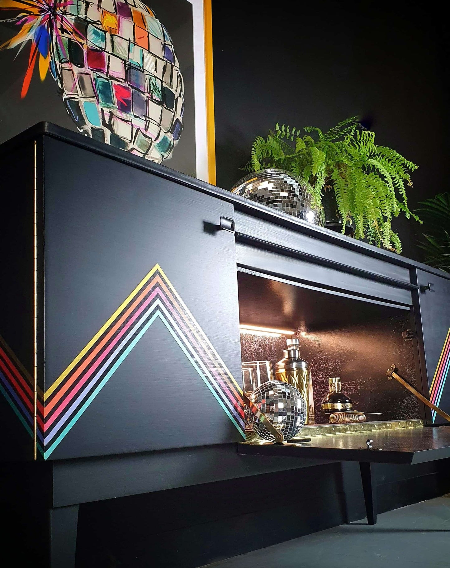 'Vibe' - Upcycled Mid Century cocktail Sideboard with geometric design & iridescent interior