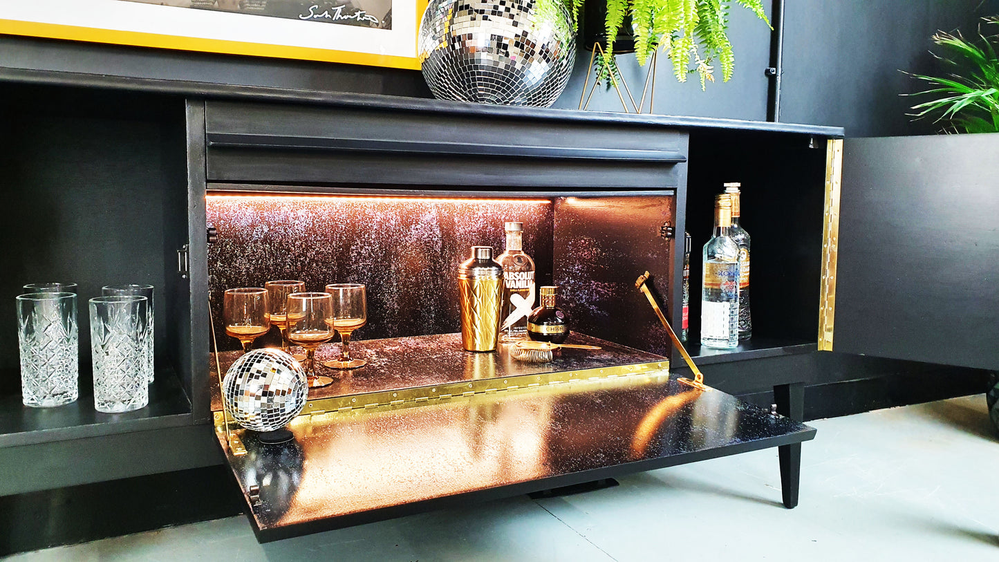 'Vibe' - Upcycled Mid Century cocktail Sideboard with geometric design & iridescent interior