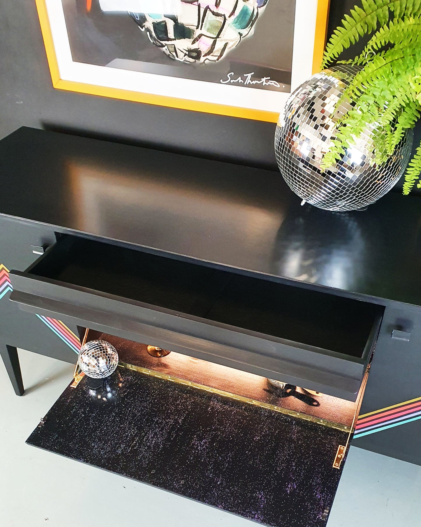 'Vibe' - Upcycled Mid Century cocktail Sideboard with geometric design & iridescent interior