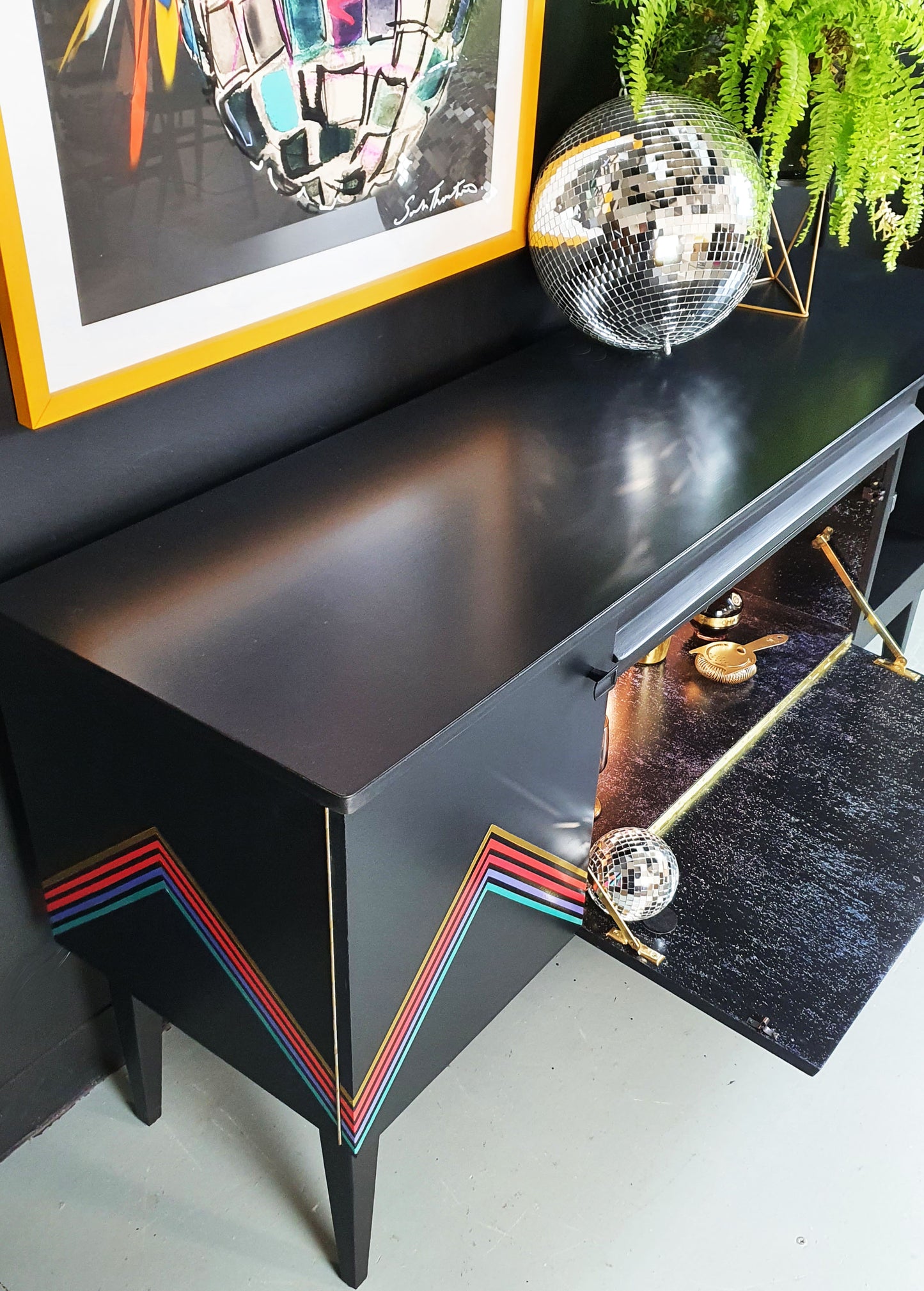 'Vibe' - Upcycled Mid Century cocktail Sideboard with geometric design & iridescent interior