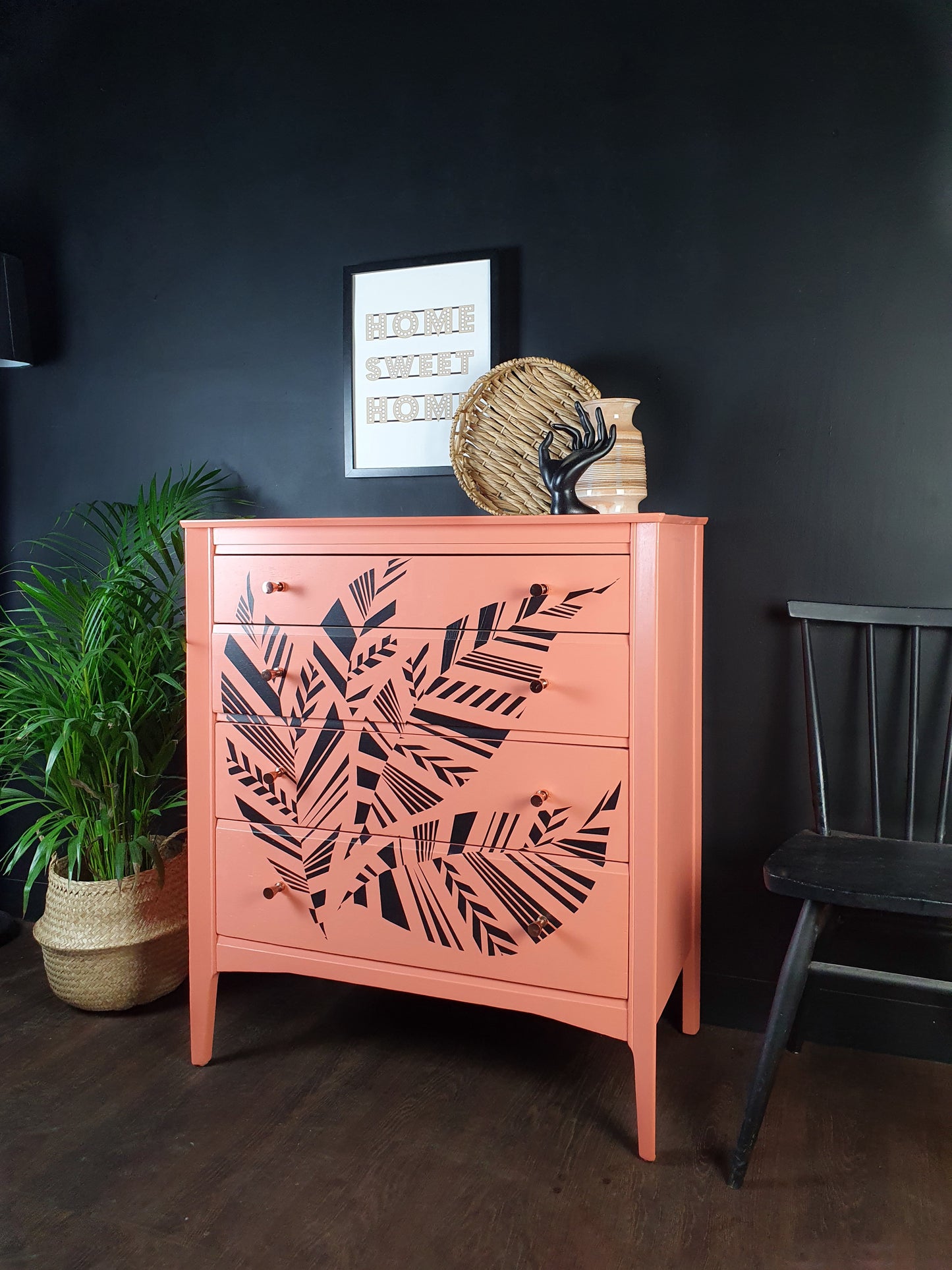 Vintage Chest Of Drawers Painted Coral With Black Geometric Design
