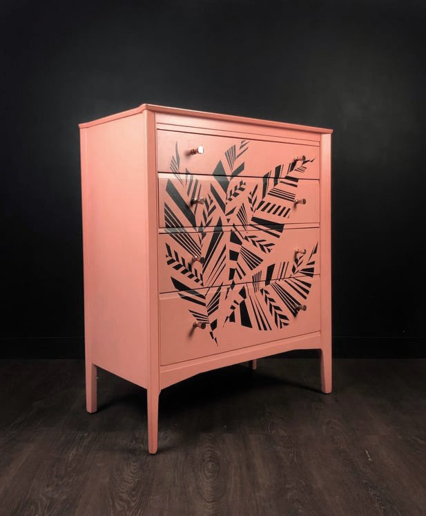 Vintage Chest Of Drawers Painted Coral With Black Geometric Design