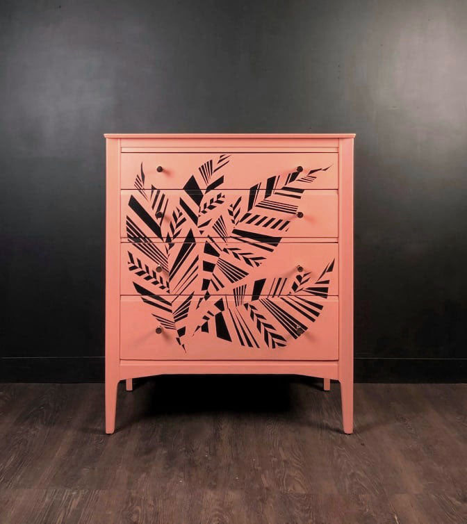 Vintage Chest Of Drawers Painted Coral With Black Geometric Design