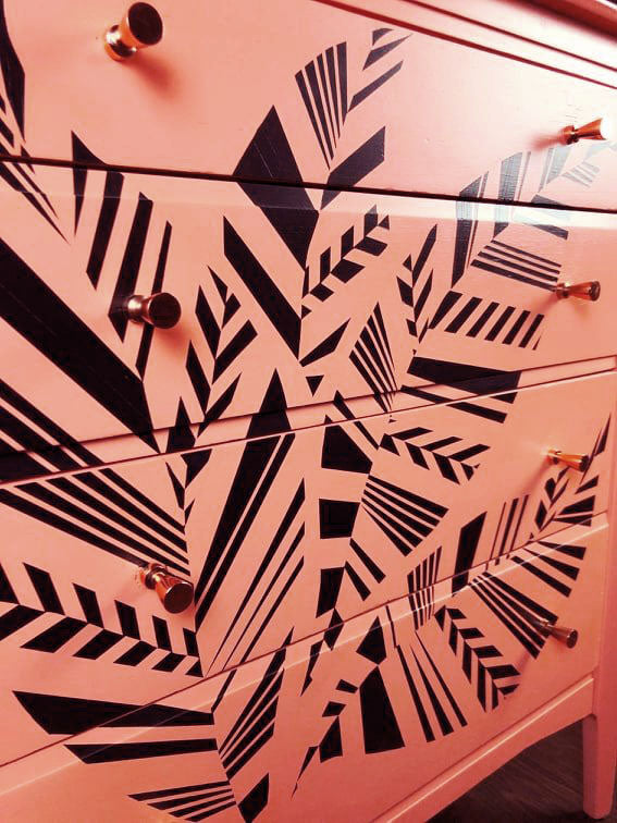 Vintage Chest Of Drawers Painted Coral With Black Geometric Design