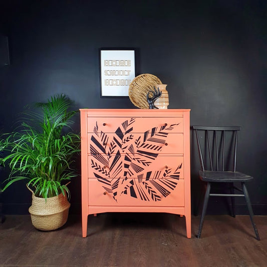 Vintage Chest Of Drawers Painted Coral With Black Geometric Design