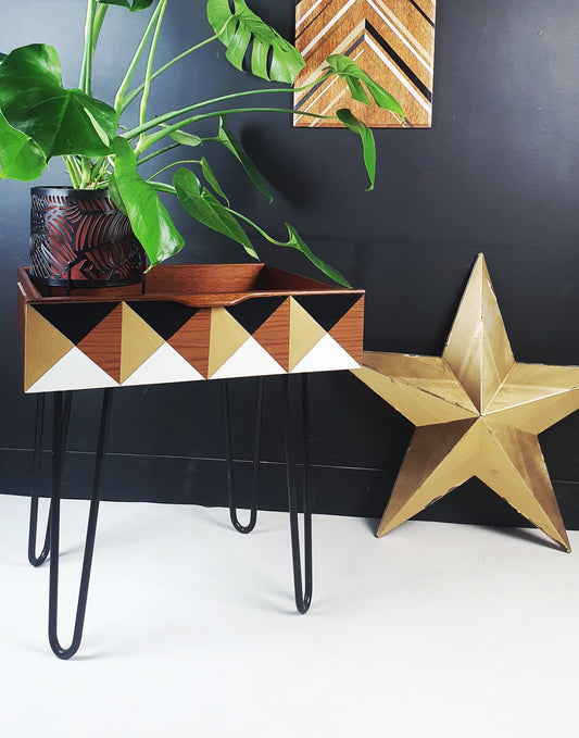 Teak Mid Century drawer side tables with Gold 3D cube effect design