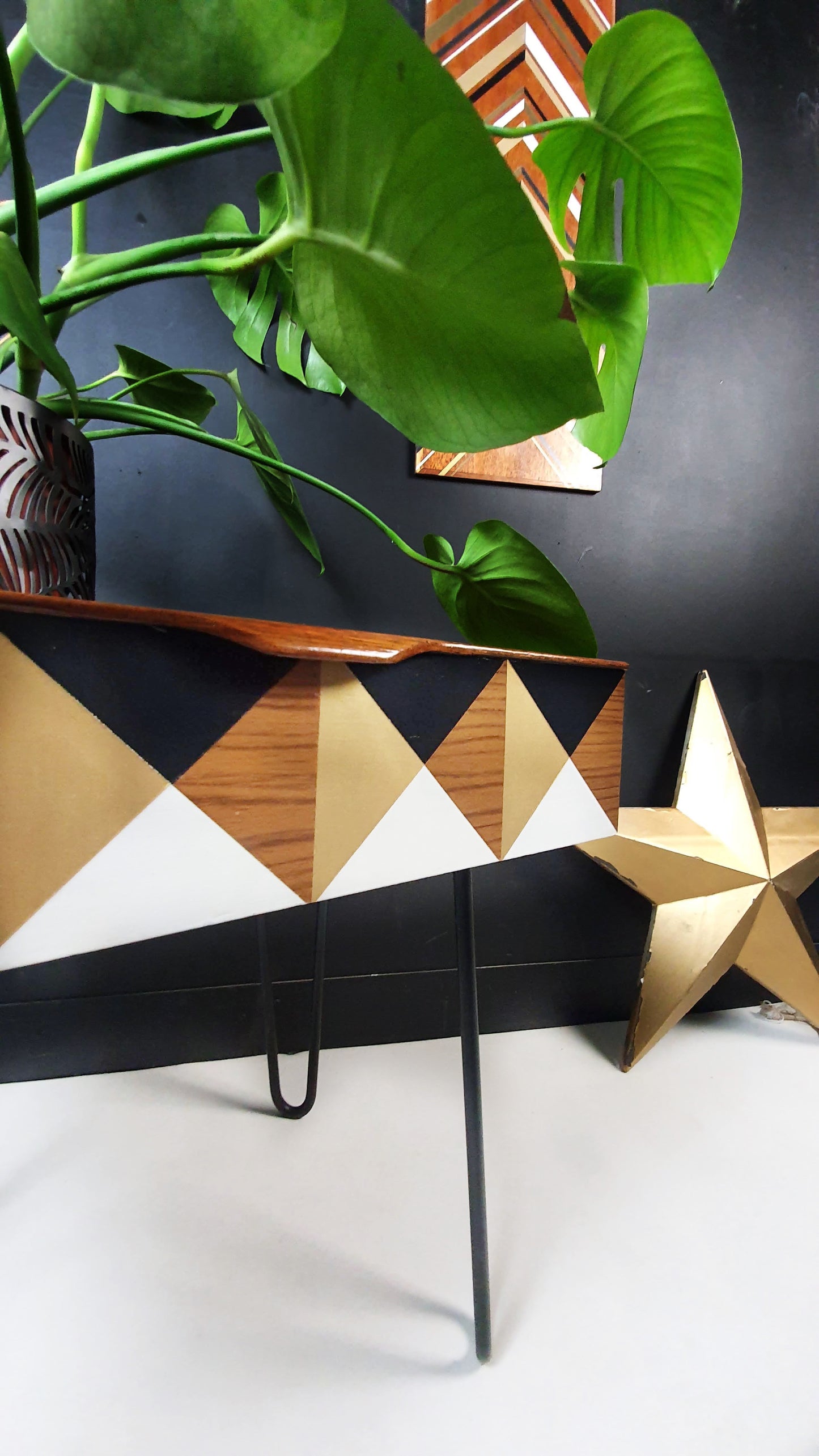 Teak Mid Century drawer side tables with Gold 3D cube effect design