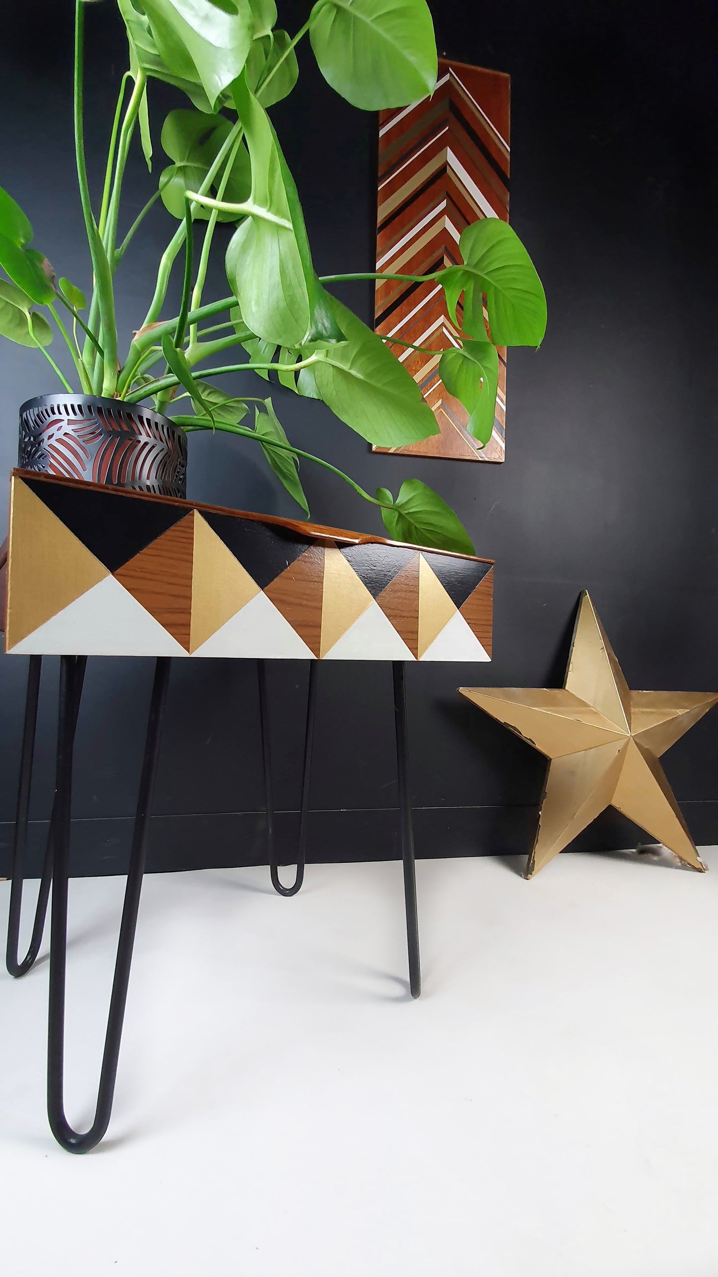 Teak Mid Century drawer side tables with Gold 3D cube effect design