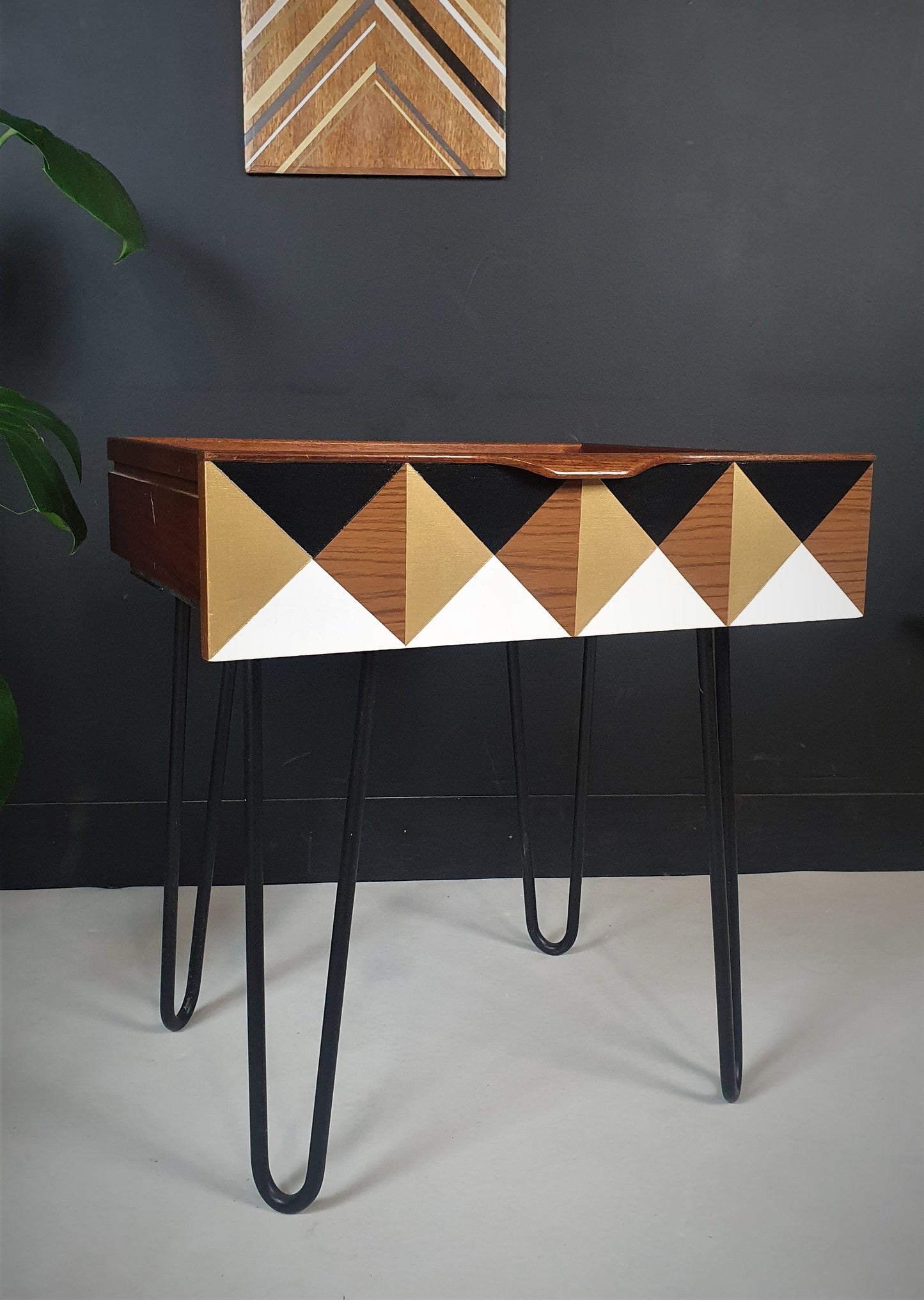 Teak Mid Century drawer side tables with Gold 3D cube effect design
