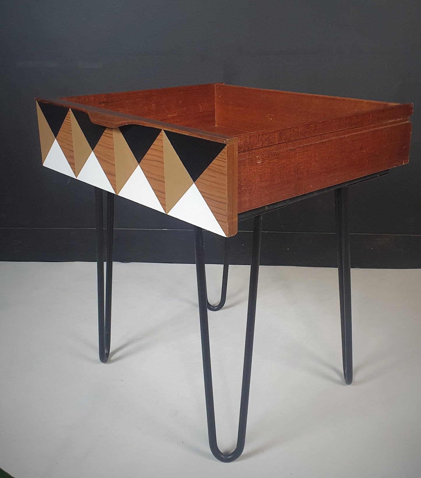 Teak Mid Century drawer side tables with Gold 3D cube effect design