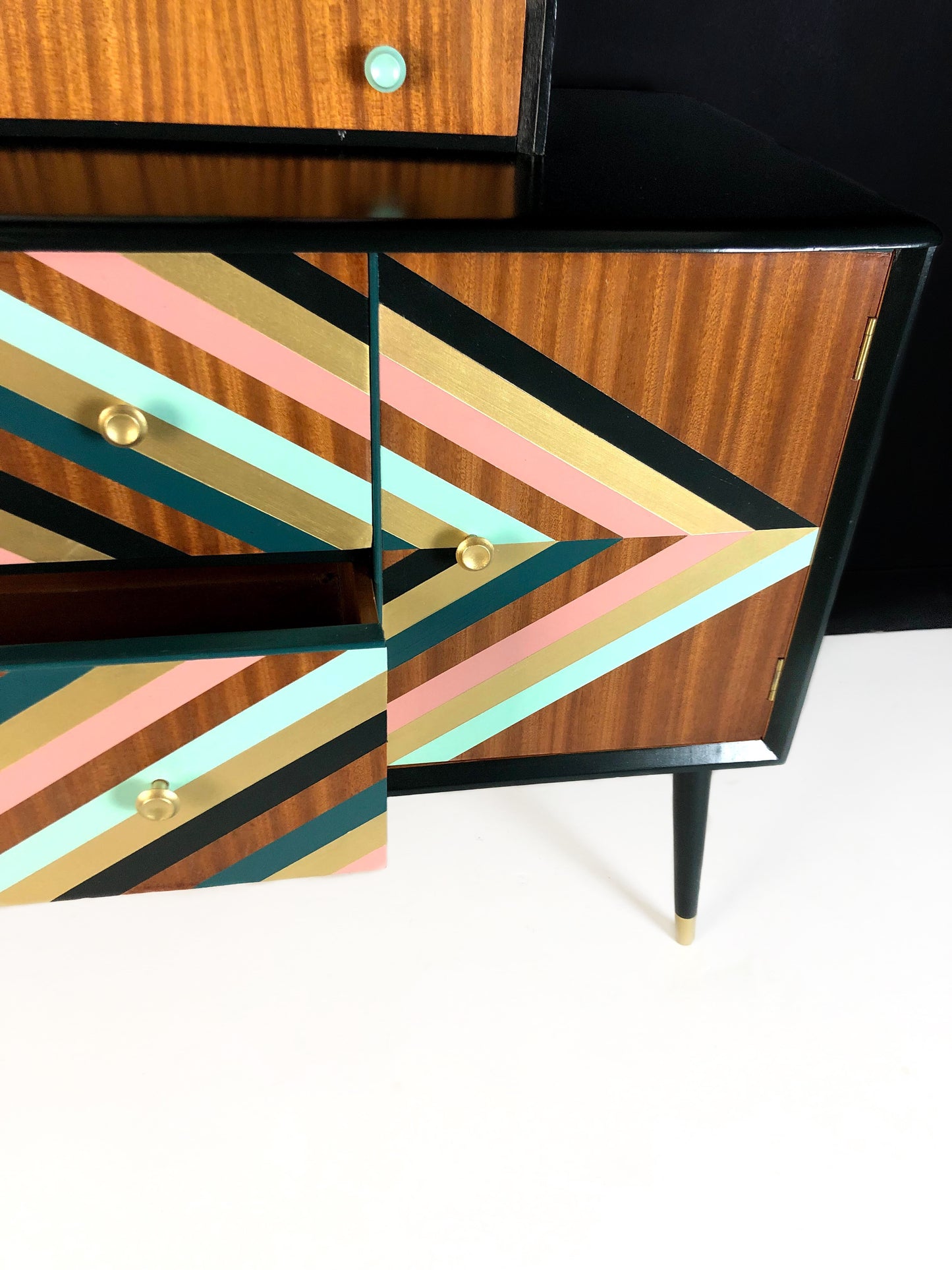 Green, Gold and Pink geometric design upcycled Vintage sideboard