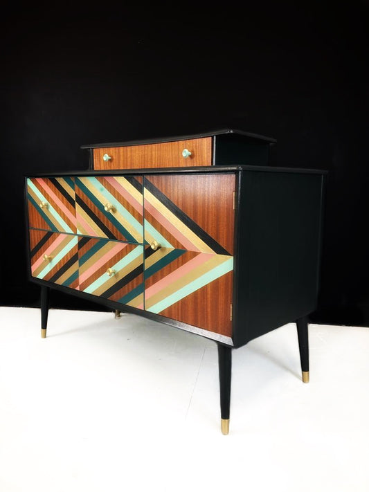 Green, Gold and Pink geometric design upcycled Vintage sideboard