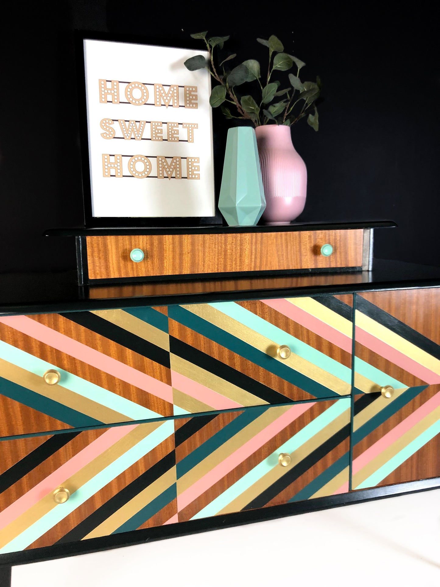 Green, Gold and Pink geometric design upcycled Vintage sideboard